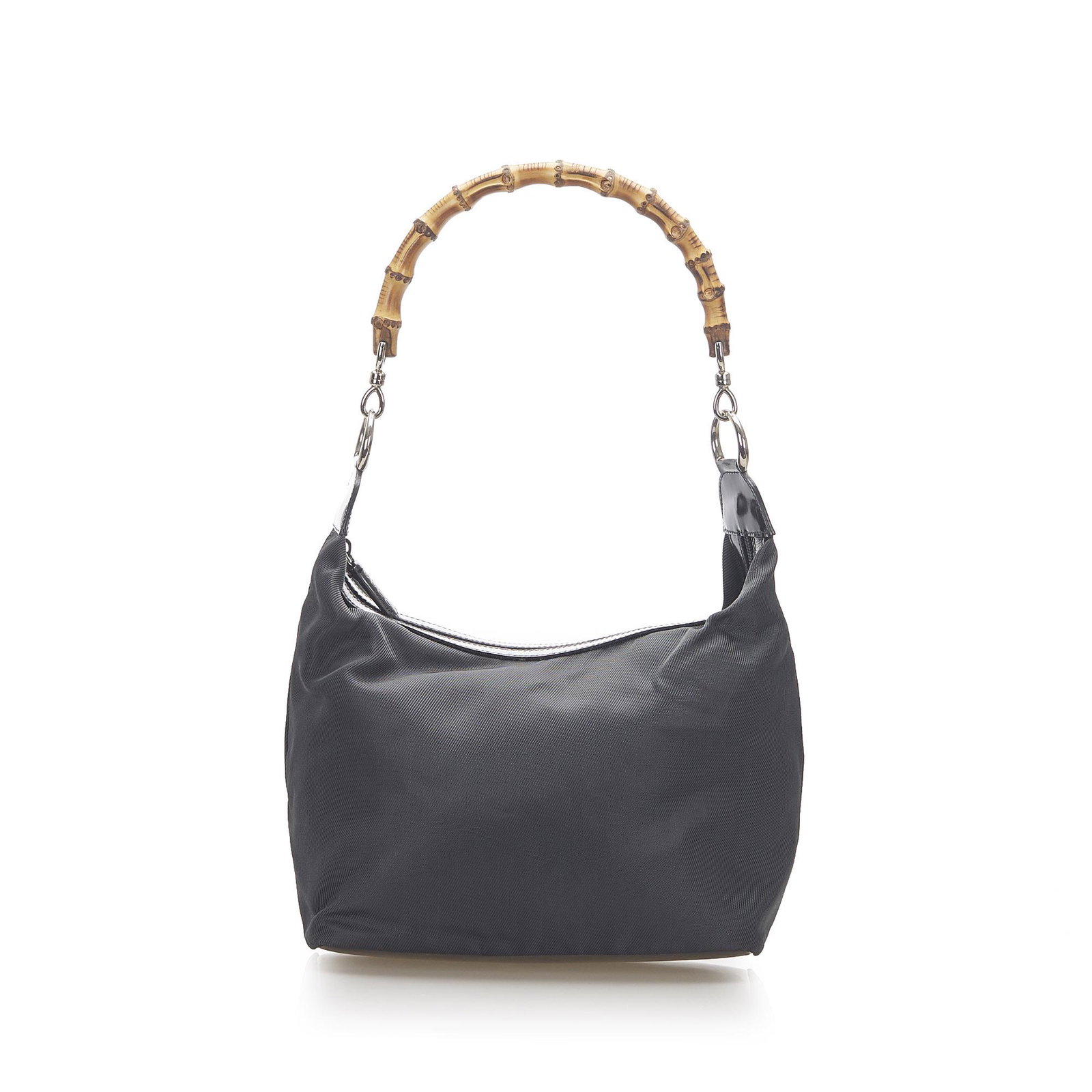 Authentic Gucci Bamboo Canvas Shoulder Bag: This shoulder bag features a canvas body a bamboo top handle a top zip closure and an interior zip pocket. Brand: Gucci Model: Bamboo Canvas Shoulder Bag Origin: Italy Category: Bags Color: Black Styl