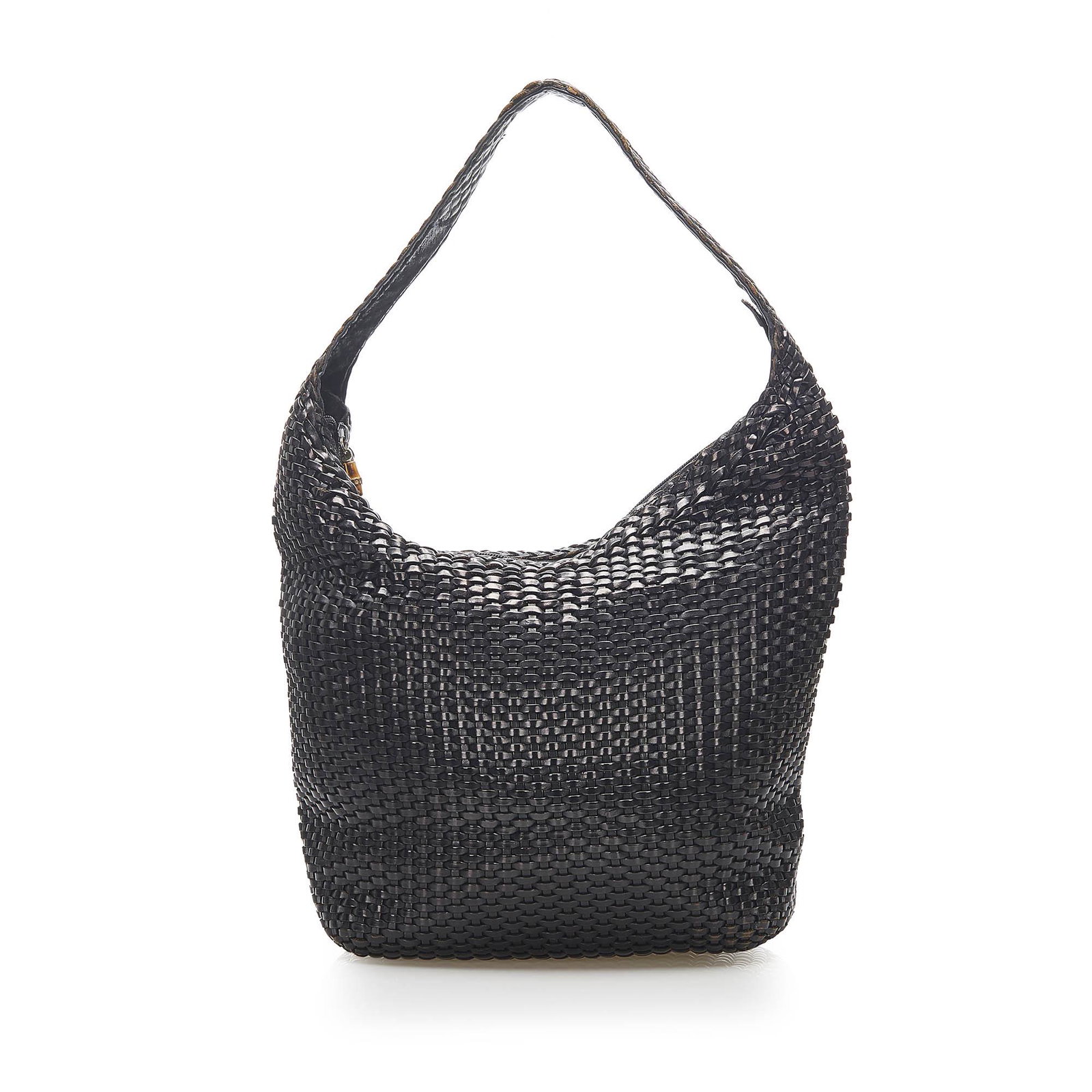 Authentic Gucci Woven Leather Shoulder Bag: This shoulder bag features a woven leather body a flat strap a top zip closure and an interior zip pocket. Brand: Gucci Model: Woven Leather Shoulder Bag Origin: Italy Category: Bags Color: Black Styl
