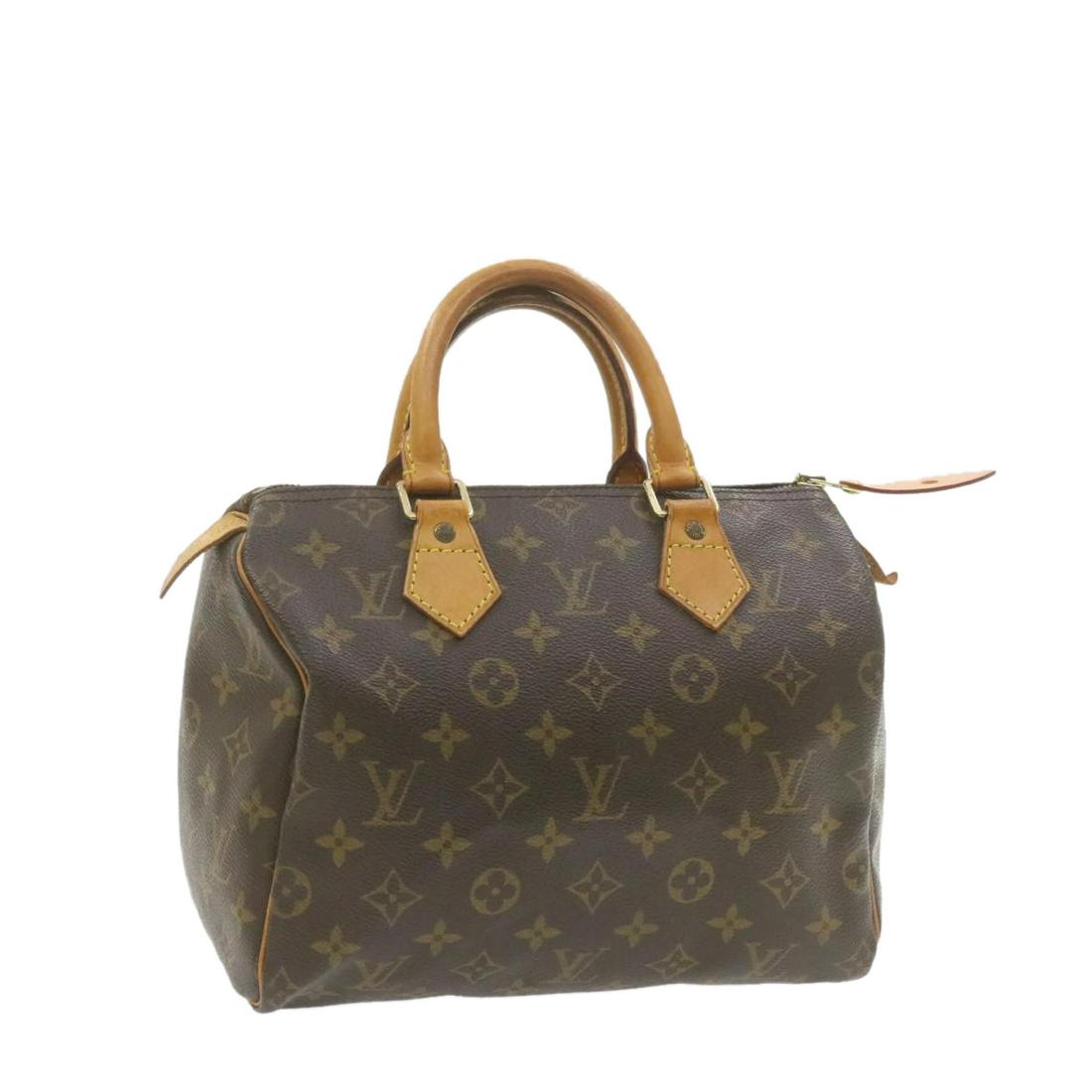 Authentic LOUIS VUITTON Monogram Speedy 25 Hand Bag LV: Brand: LOUIS VUITTON Style: Hand Bag Material: Monogram Canvas Color: Monogram Made In: France Size (Inches): W10 x H7.5 x D6"(Approx) Exterior Condition: Monogram Canvas : lose shape rubbing Leather