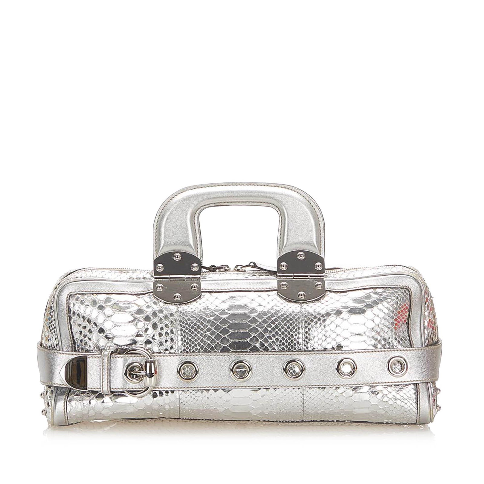 Authentic Gucci Romy Embossed Leather Handbag: The Romy handbag features an embossed and metallic leather body structured handles a top zip closure and an interior zip pocket. Brand: Gucci Model: Romy Embossed Leather Handbag Origin: Italy Categor