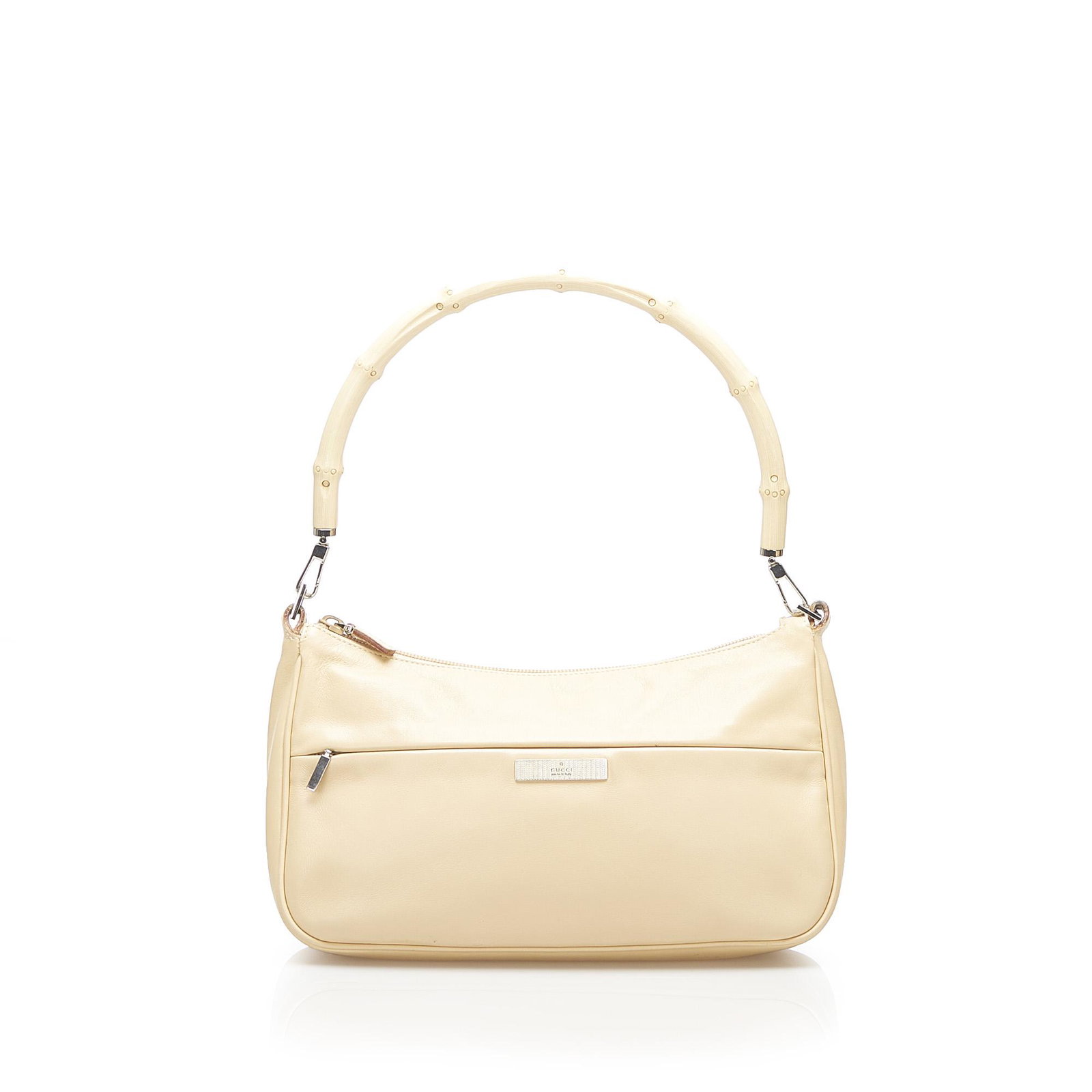 Authentic Gucci Bamboo Leather Baguette: This baguette features a leather body an exterior front zip pocket a bamboo handle a top zip closure and an interior zip pocket. Brand: Gucci Model: Bamboo Leather Baguette Origin: Italy Category: Bag