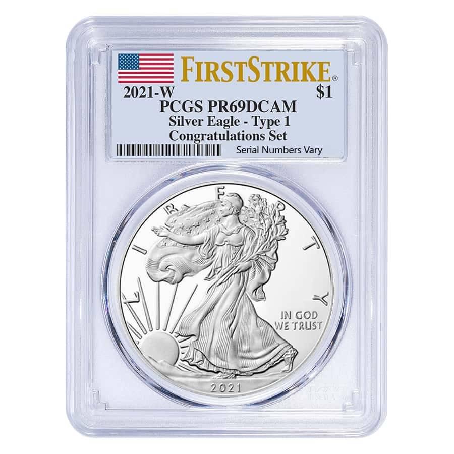 2021-W 1 oz Proof Silver American Eagle Congratulations: You are bidding on the total lot which includes 1 of the following item: 2021-W 1 oz Proof Silver American Eagle Congratulations Set PCGS PF 69 DCAM First Strike Bidhaus is always honored to carry Ame