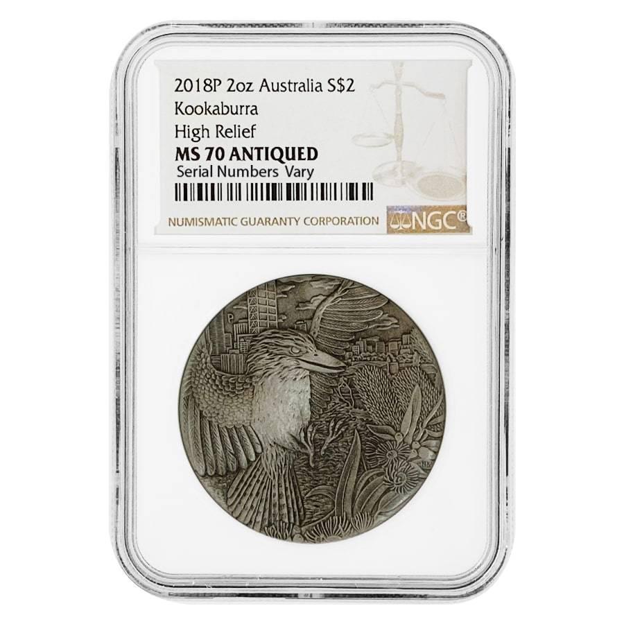 2018 2 oz Silver Australian Kookaburra High Relief: You are bidding on the total lot which includes 1 of the following item: 2018 2 oz Silver Australian Kookaburra High Relief Antiqued Coin Perth Mint NGC MS 70 This 2018 2 oz Silver Australian Kookabur