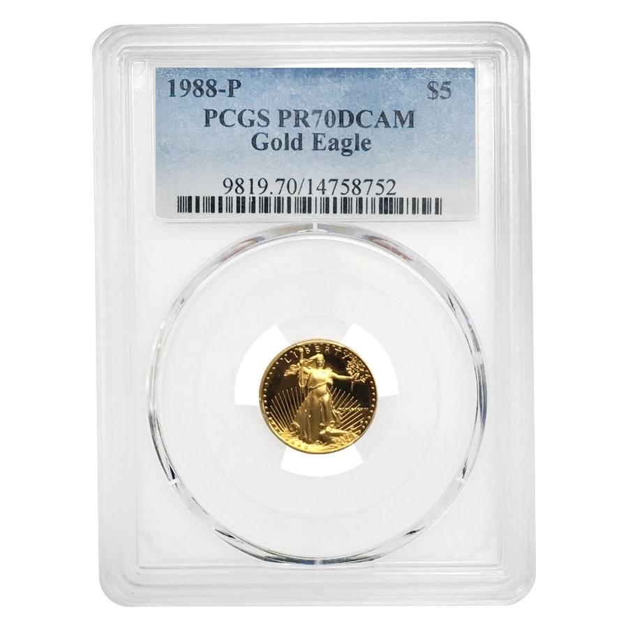 1988 P 1/10 oz $5 Proof Gold American Eagle PCGS PF 70: You are bidding on the total lot which includes 1 of the following item: 1988 P 1/10 oz $5 Proof Gold American Eagle PCGS PF 70 DCAM *Please note the label design may vary This fractional 1988 P 1/10 