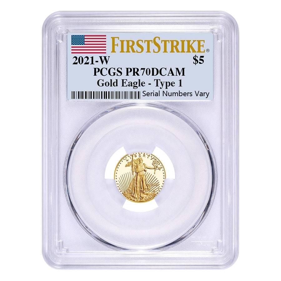 2021-W 1/10 oz $5 Proof Gold American Eagle PCGS PF 70: You are bidding on the total lot which includes 1 of the following item: 2021-W 1/10 oz $5 Proof Gold American Eagle PCGS PF 70 DCAM First Strike Please note this is the last Proof American Gold Eagle