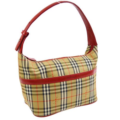Authentic BURBERRY House Check Hand Bag Purse Beige Red: Size: Medium Features: Inner Pockets Country/Region of Manufacture: Unknown Color: Beige Black Red Department: Women MPN: Does Not Apply Style: Hand Bag Closure: Zipper Bag Height: 6.3 Brand: BURBERRY