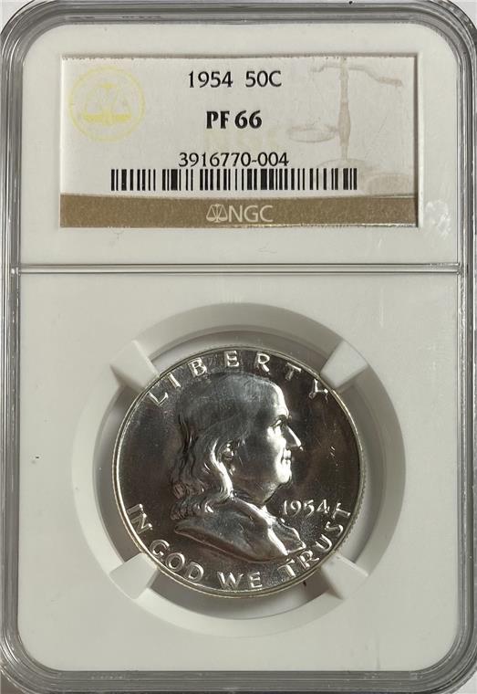 Ben Franklin: Ben Franklin Date: 1954 Cert: NGC Grade: PR-66 Mint: None Denomination: $0.5 Notes:None All Bidhaus items come with a 100% money-back authenticity guarantee. ALL SALES ARE FINAL. Please refer to image
