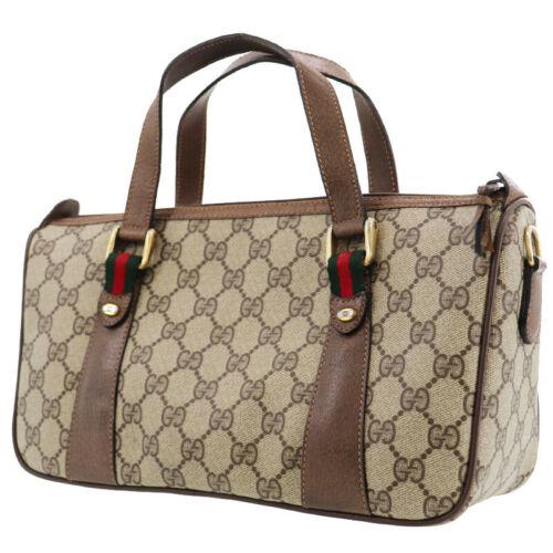 Authentic GUCCI GG Plus Web Stripe Hand Bag Brown PVC: Size: Medium Vintage: Yes Accents: Web Stripe Closure: Zip Country/Region of Manufacture: Italy Hardware Material: Gold-Plated Department: Women Brand: Gucci Style: Hand Bag Bag Depth: 4.3in/ 11.0cm H