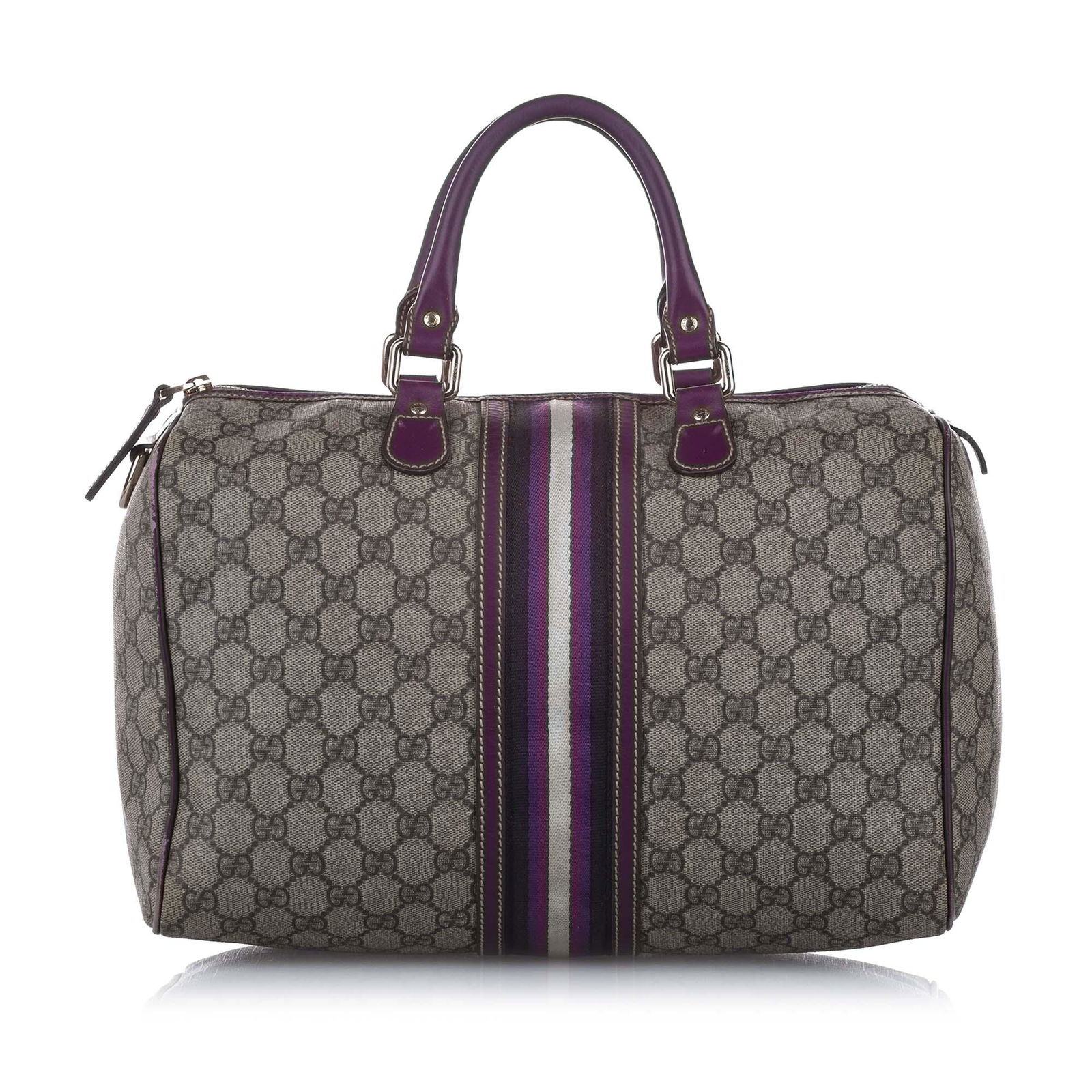 Authentic Gucci GG Supreme Web Boston Bag: This item qualifies for FREE DOMESTIC SHIPPING to customers in the USA This boston bag features a coated canvas body with leather trim rolled leather handles a top zip closure and an interior slip poc