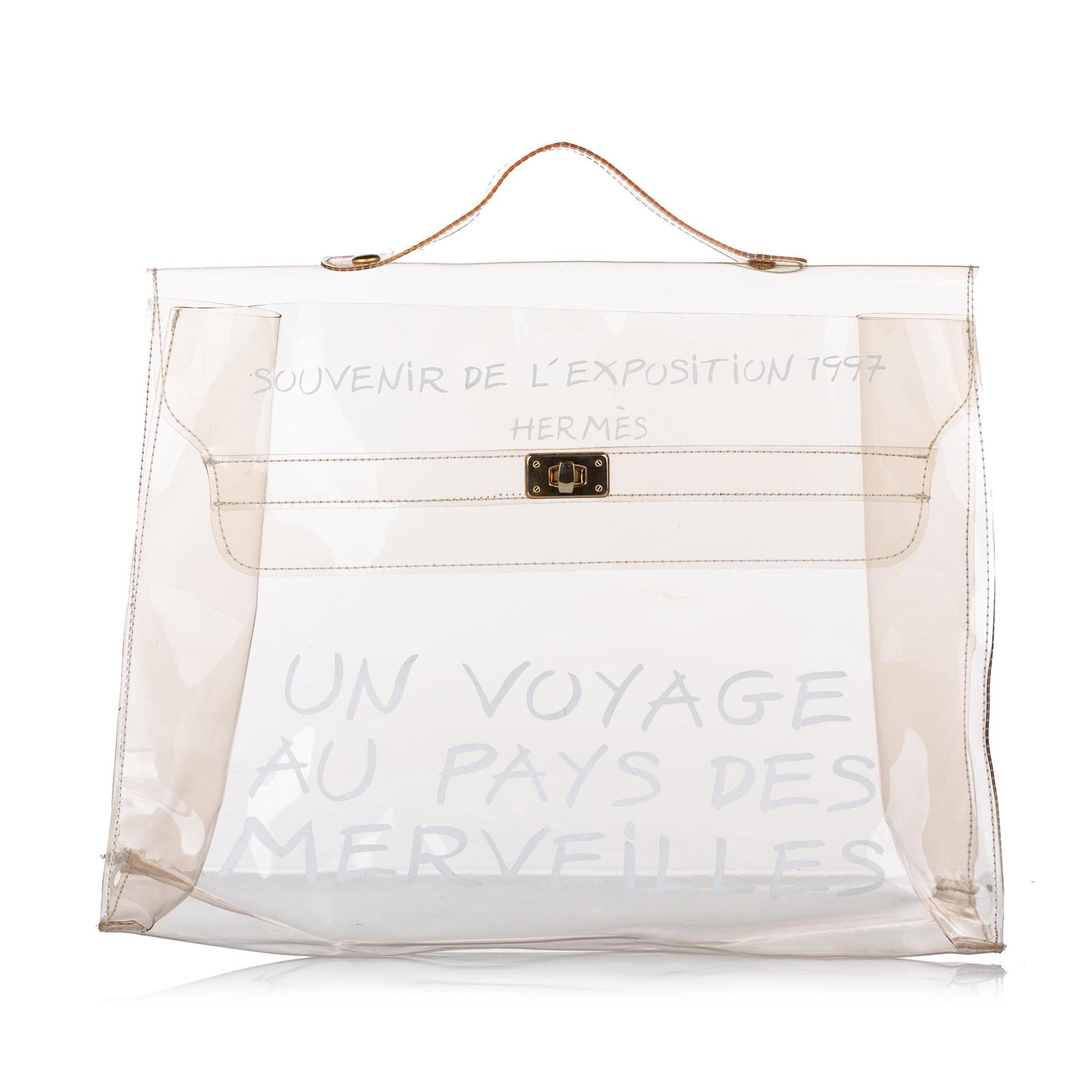 Authentic Hermes Kelly Vinyl Handbag: This item qualifies for FREE DOMESTIC SHIPPING to customers in the USA The Vinyl Kelly handbag features a see-through vinyl body a flat top handle and a front flap with a turn lock closure. Brand: Her