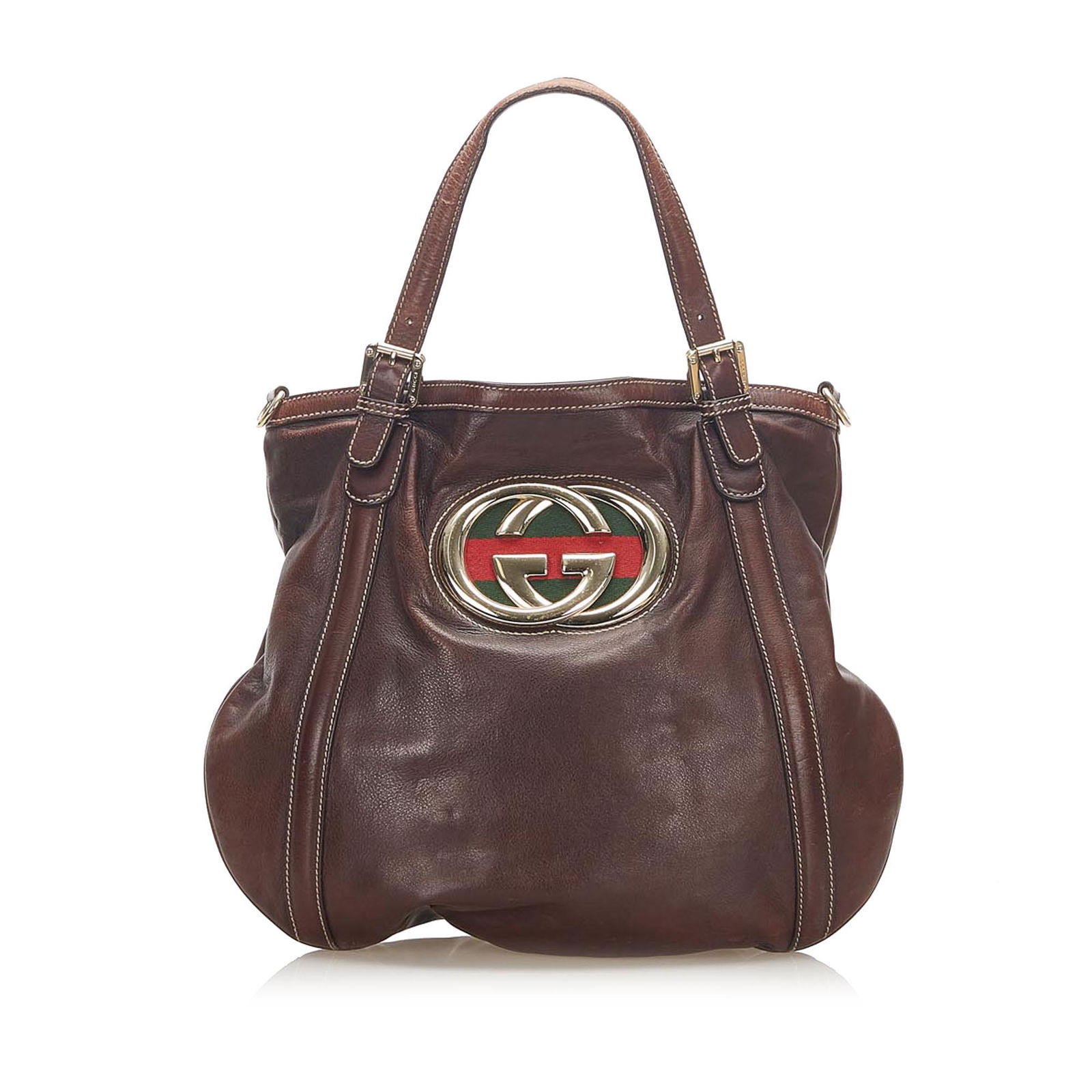 Authentic Gucci Britt Leather Satchel: This item qualifies for FREE DOMESTIC SHIPPING to customers in the USA The Britt satchel features a leather body flat leather straps a detachable flat shoulder strap an open top with magnetic snap but