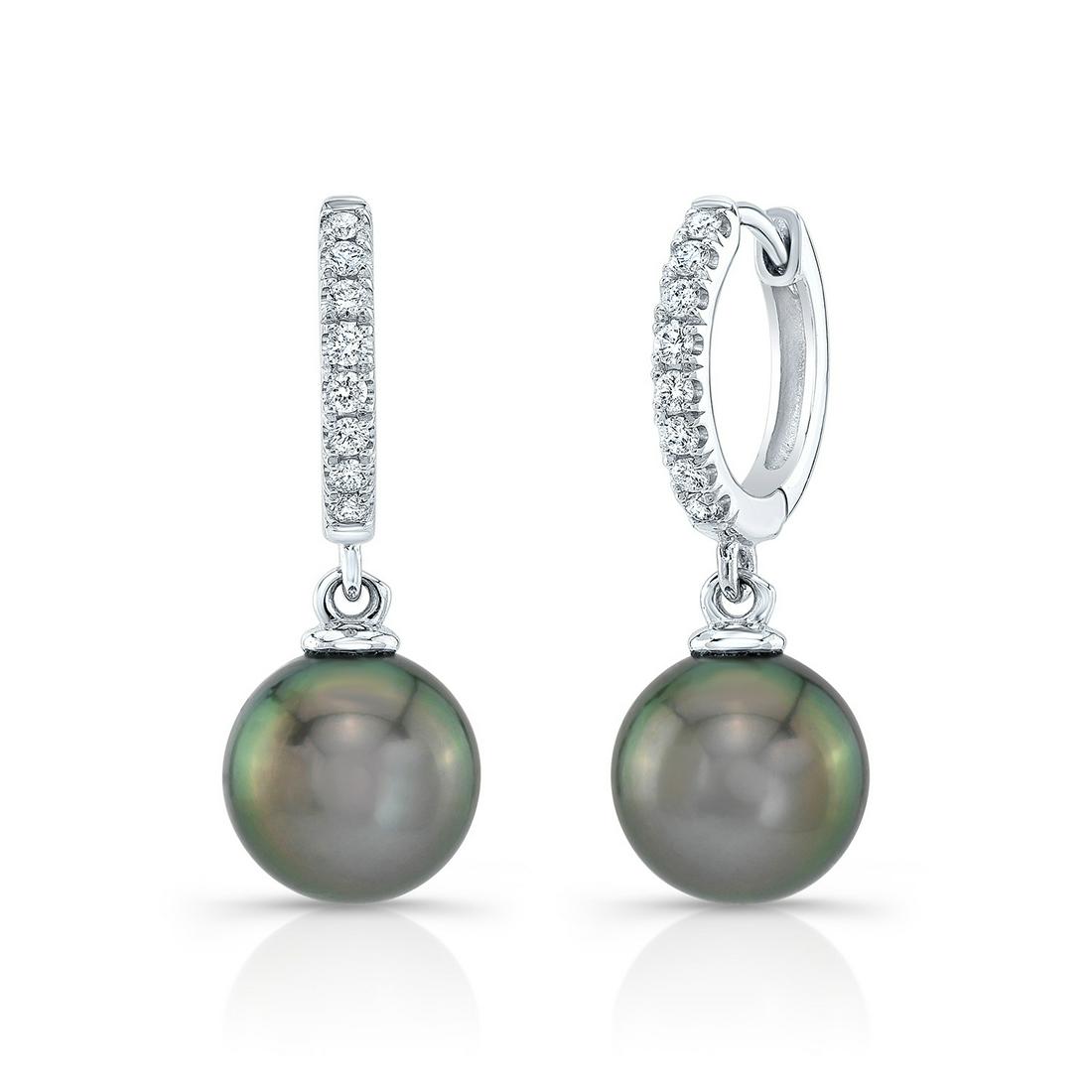 Black Pearl And Diamond Straight Dangle Earrings With: This item qualifies for FREE DOMESTIC SHIPPING to customers in the USA Elegant Dangle Earrings Feature 8.0-8.5mm Tahitian Black Pearls Accented By 0.20ctw Of Round Brilliant Diamonds Set In 14 Karat W