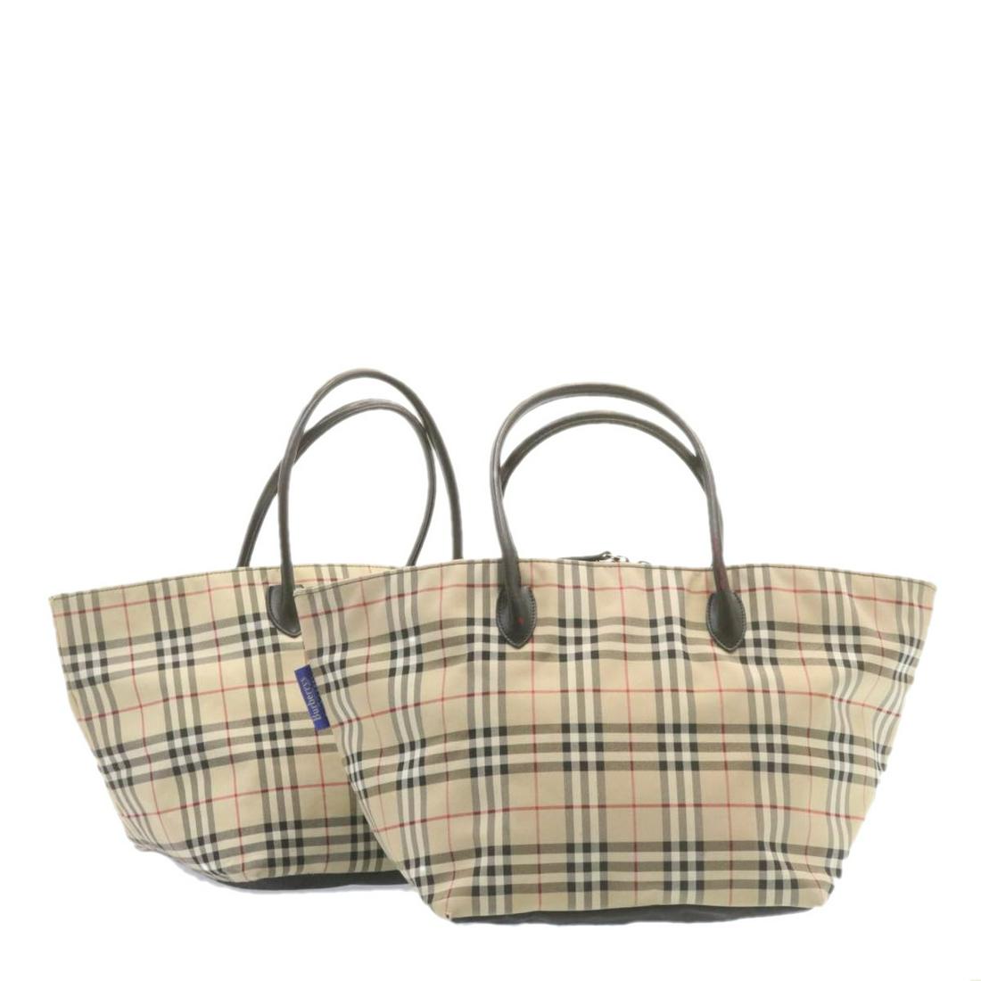Authentic BURBERRY Blue Label Nova Check Tote Bag 2Set: This item qualifies for FREE DOMESTIC SHIPPING to customers in the USA Brand: BURBERRY Style: Tote Bag Material: Nylon Color: Beige Made In: - Size (Inches): W17.71 x H9.05 x D9.05inch(Approx) Exterio