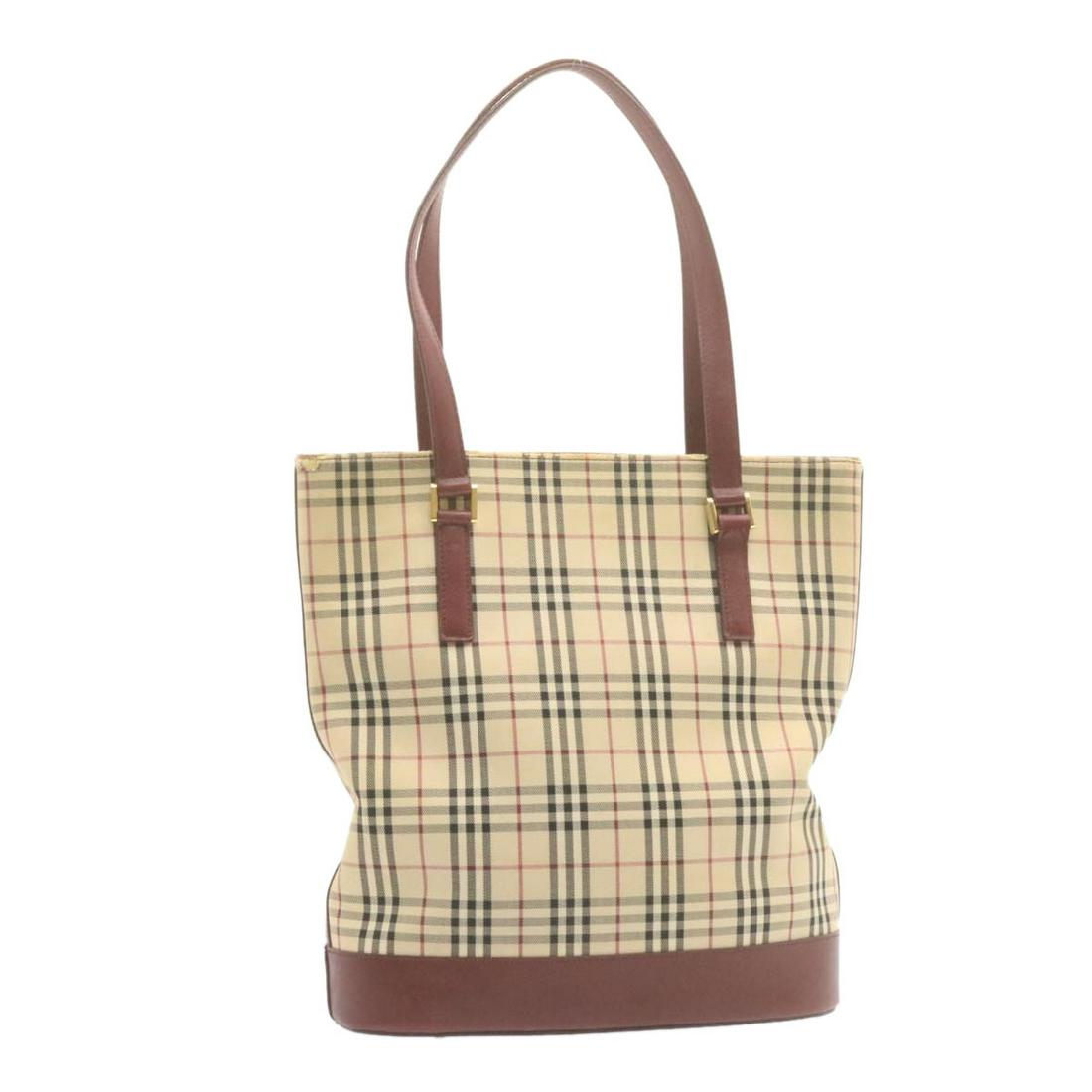 Authentic BURBERRY Nova Check Tote Bag Beige Rad Canvas: This item qualifies for FREE DOMESTIC SHIPPING to customers in the USA Brand: BURBERRY Style: Tote Bag Material: Nylon Color: Beige Made In: - Size (Inches): W12.59 x H12.59 x D4.72inch(Approx) Exteri