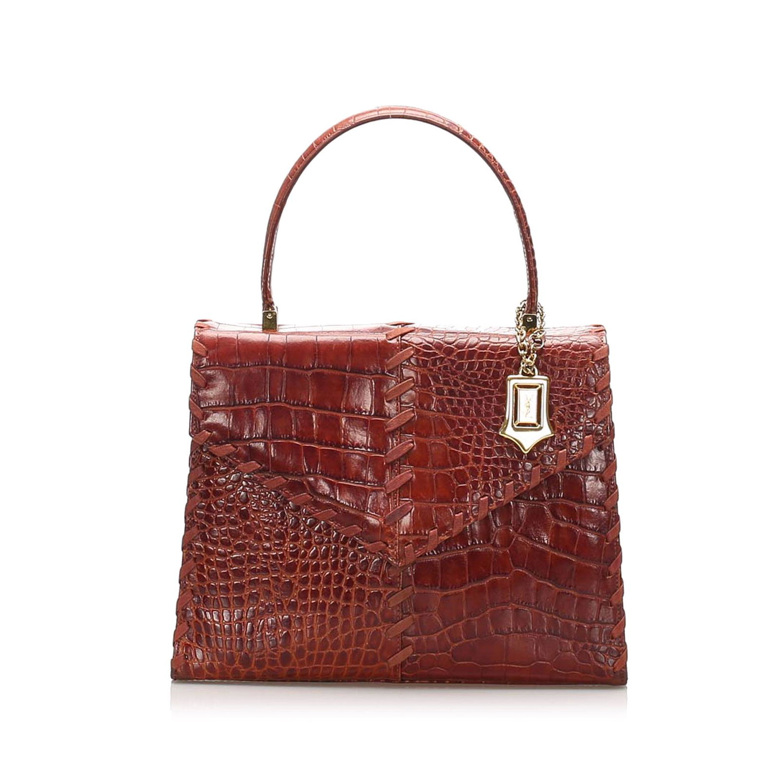 Authentic YSL Croc Leather Handbag: This item qualifies for FREE DOMESTIC SHIPPING to customers in the USA This handbag features a croc leather body a flat leather top handle gold tone hardware and an interior zip compartment. Brand: YS