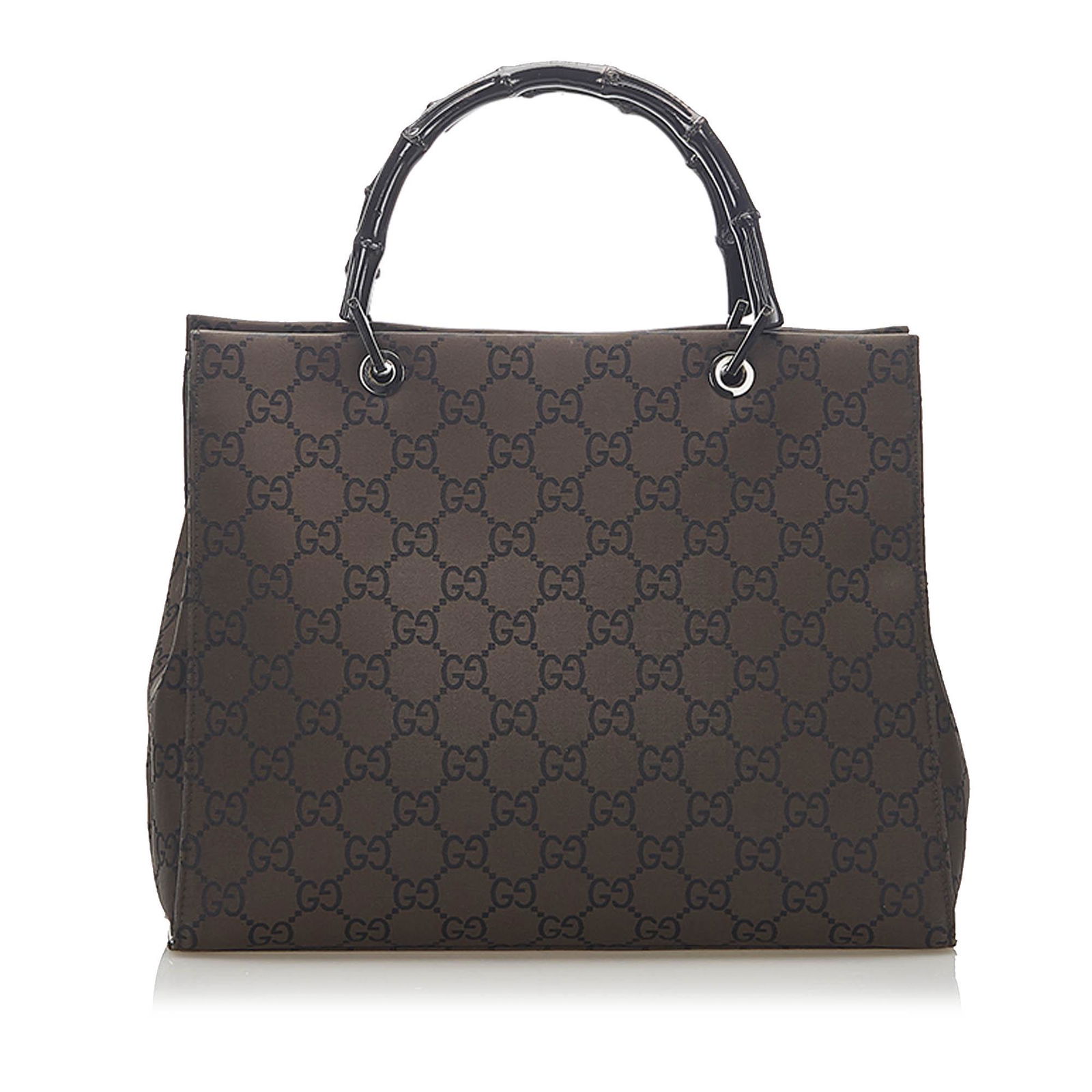 Authentic Gucci Bamboo GG Canvas Handbag: This item qualifies for FREE DOMESTIC SHIPPING to customers in the USA This handbag features a canvas body bamboo handles an open top and an interior zip compartment. Brand: Gucci Model: Bamboo GG Can