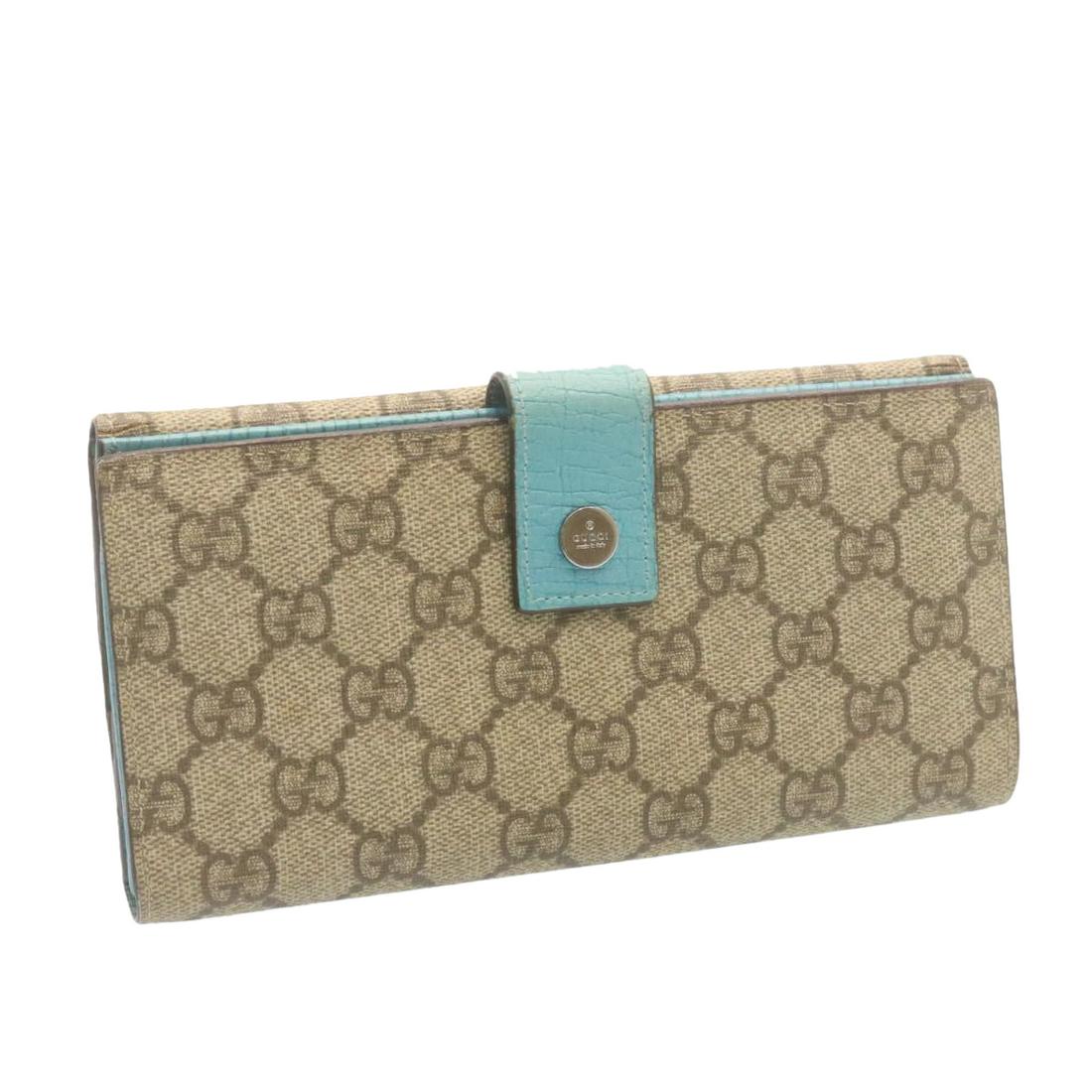 Authentic GUCCI GG Canvas Long Wallet Beige Blue PVC: This item qualifies for FREE DOMESTIC SHIPPING to customers in the USA Brand: GUCCI Style: Wallet Material: PVC Leather Color: Beige / Blue Made In: Italy Size (Inches): W7.48 x H3.74 x D0.78inch(Appr