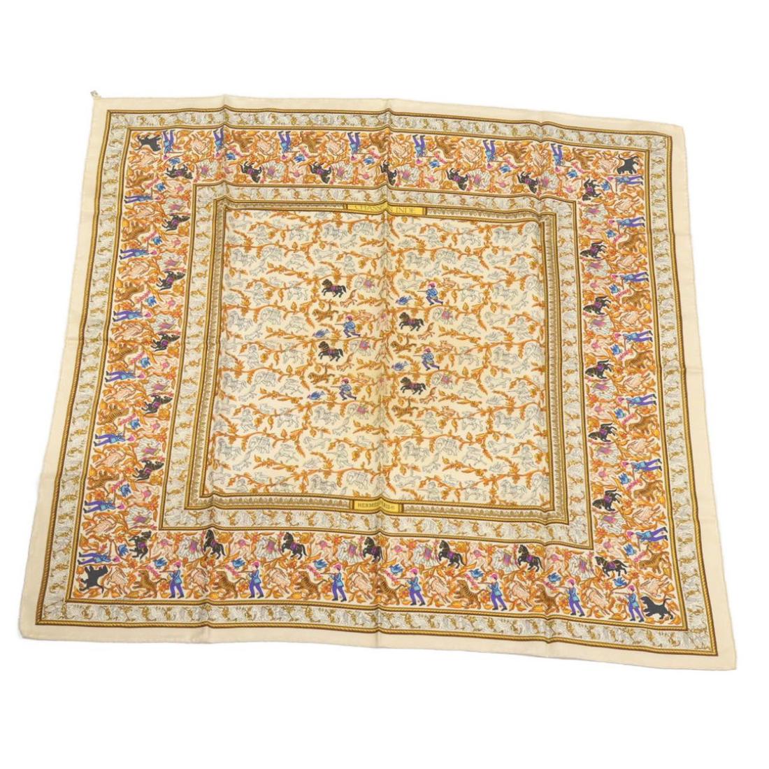 Authentic HERMES Carre 90 â€â€CHASSE EN INDEâ€â€: This item qualifies for FREE DOMESTIC SHIPPING to customers in the USA Brand: HERMES Style: Scarf Material: 100% Silk Color: Beige Made In: France Size (Inches): W35 x H35"(Approx) Exterior Condition: