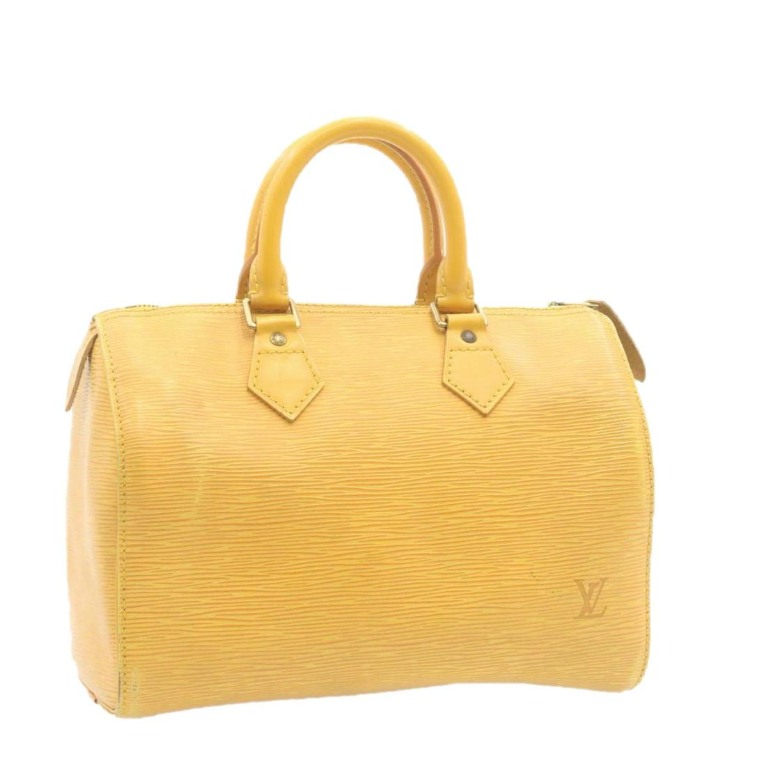 Authentic LOUIS VUITTON Epi Speedy 25 Hand Bag Yellow: This item qualifies for FREE DOMESTIC SHIPPING to customers in the USA Brand: LOUIS VUITTON Style: Hand Bag Material: Epi Leather Color: Yellow Made In: France Size (Inches): W10.5 x H7.5 x D5.5"(Appr