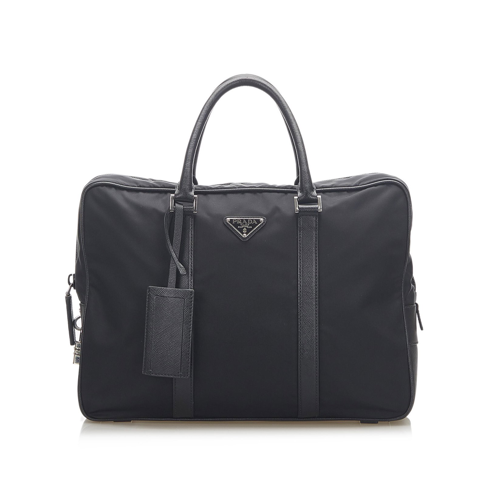 Authentic Prada Tessuto Business Bag: This item qualifies for FREE DOMESTIC SHIPPING to customers in the USA This business bag features a nylon body with leather trim rolled leather handles a top zip closure and an interior zip pocket. Br