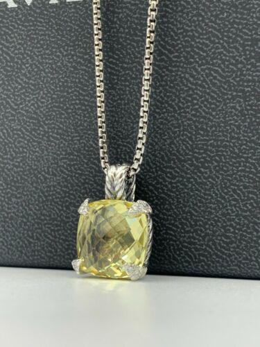 Authentic DAVID YURMAN 14mm Chatelaine Pendant Necklace: This item qualifies for FREE DOMESTIC SHIPPING to customers in the USA Length: 17" to 18" adjustable Pendant Shape: Square Cushion Secondary Stone: Diamond Metal: Sterling Silver Main Stone Color: Yel