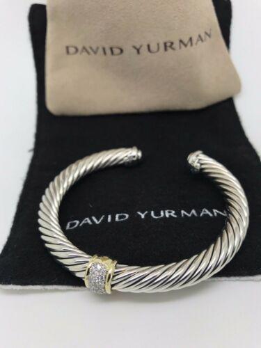 Authentic David Yurman Sterling Silver & 18k Gold 7mm: This item qualifies for FREE DOMESTIC SHIPPING to customers in the USA Primary Stone: Diamond Length (inches): 6.5 Clasp Type: Bangle Bracelet Secondary Stone: Diamond Metal Purity: 925 parts per 1000