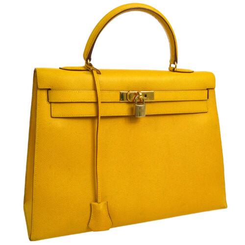 Authentic HERMES KELLY 35 Hand Bag Yellow Veau Greine: This item qualifies for FREE DOMESTIC SHIPPING to customers in the USA Condition: Pre-owned: An item that has been used or worn previously. See the sellerâ€™s listing for full details and descrip