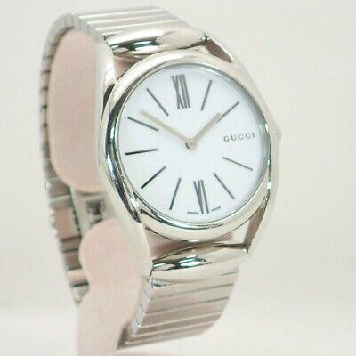 Authentic Gucci Horsebit 140.4 YA140405 SS Quartz White: This item qualifies for FREE DOMESTIC SHIPPING to customers in the USA Brand: Gucci Product name / model number: Horsebit Ladies quartz 140.4 YA1404405 Movement: Quartz Material: SS Case width (exclud