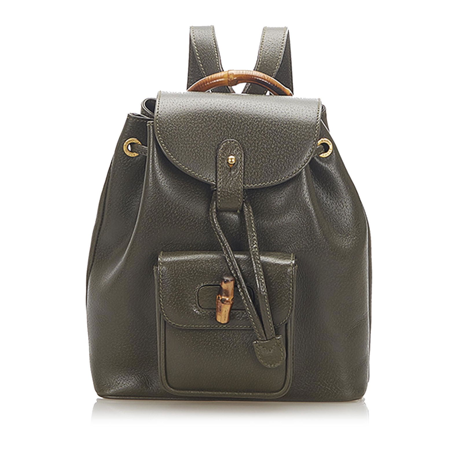 Authentic Gucci Bamboo Drawstring Leather Backpack: This item qualifies for FREE DOMESTIC SHIPPING to customers in the USA This backpack features a leather body an exterior front flap pocket with bamboo twist lock closure flat back straps a bamboo top