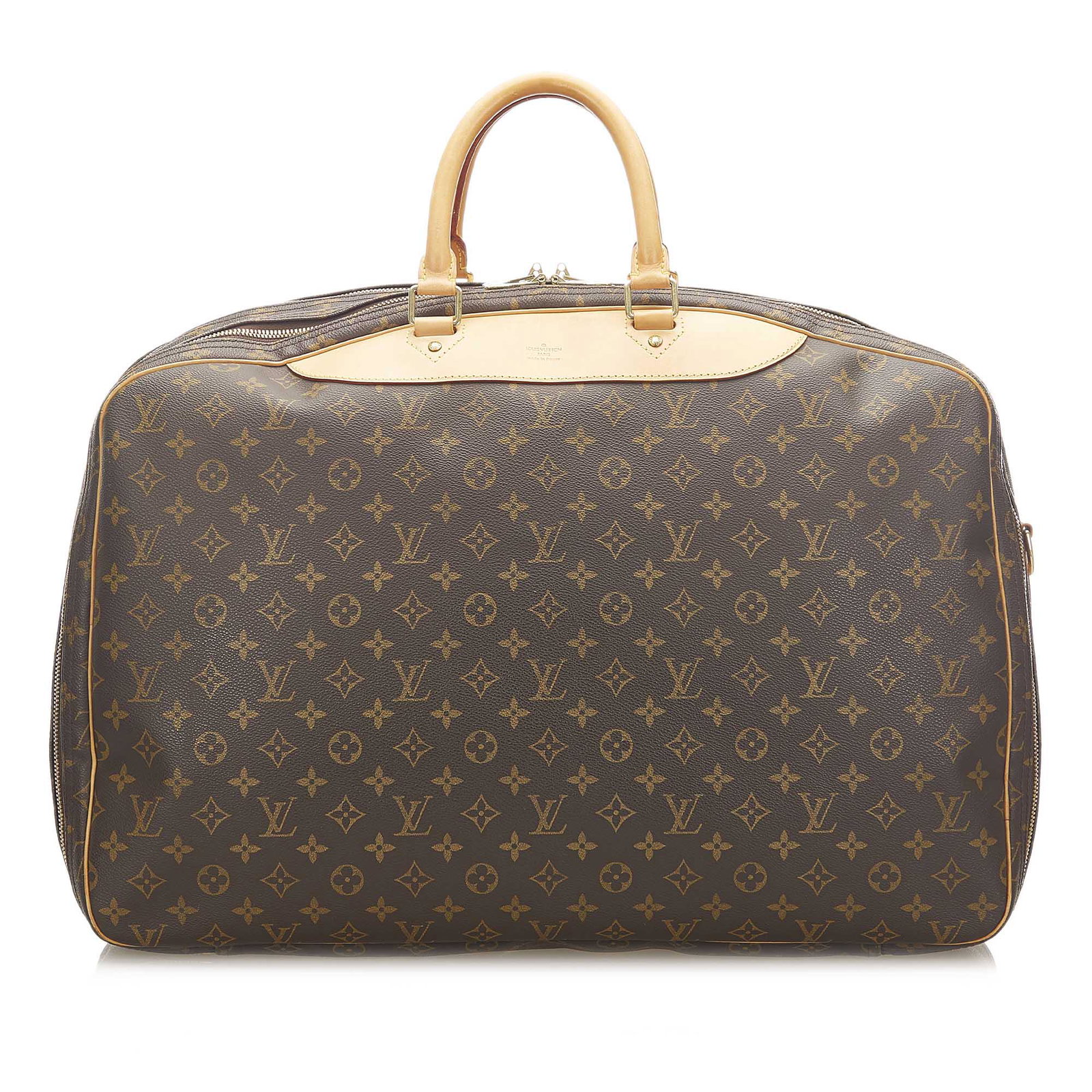 Authentic Louis Vuitton Monogram Alize 2 Poches: This item qualifies for FREE DOMESTIC SHIPPING to customers in the USA The Evasion features a monogram canvas body rolled vachetta leather handles a front exterior zip pocket a top zip closure and an 