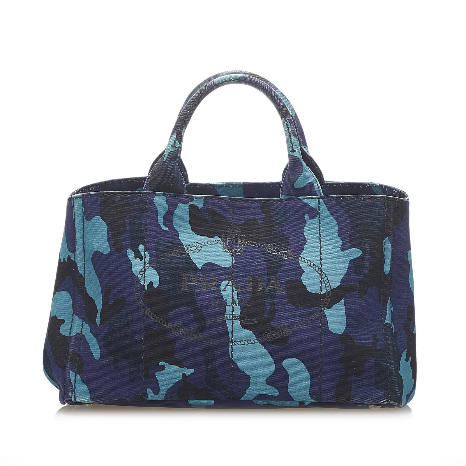 Authentic Prada Canapa Logo Camouflage Canvas Handbag: This item qualifies for FREE DOMESTIC SHIPPING to customers in the USA This handbag features a canvas body rolled handles an open top and interior zip and slip pockets. Brand: Prada Model: Canapa Logo