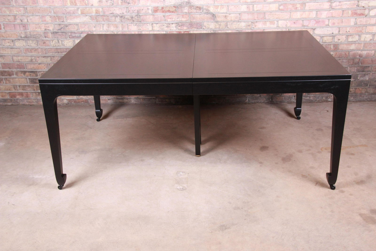 Michael Taylor for Baker Furniture Ebonized Chinoiserie: Please see Disclaimer for shipping cost estimates. An exceptional mid-century modern Hollywood Regency Chinoiserie extension dining table By Michael Taylor for Baker Furniture "Far East Collection" US