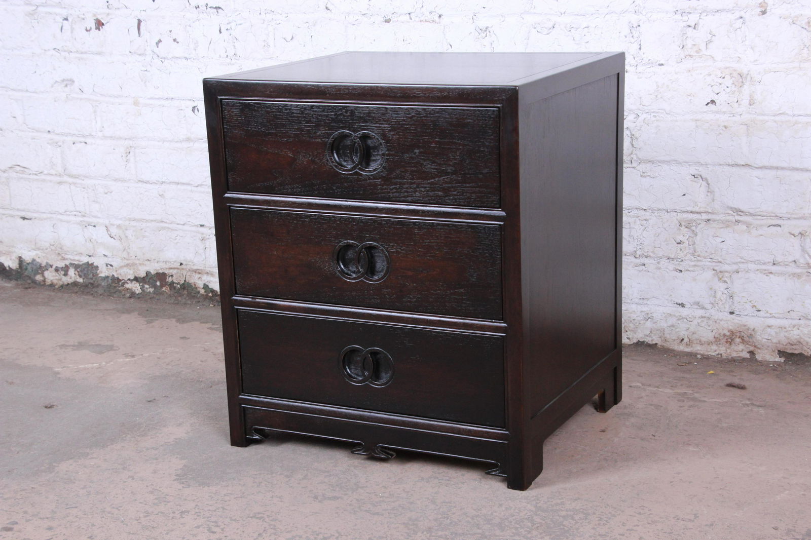 Michael Taylor for Baker Far East Collection: Please see Disclaimer for shipping cost estimates. A beautiful newly refinished Hollywood Regency Chinoiserie three-drawer bachelor chest or nightstand designed by Michael Taylor for his Far East Coll