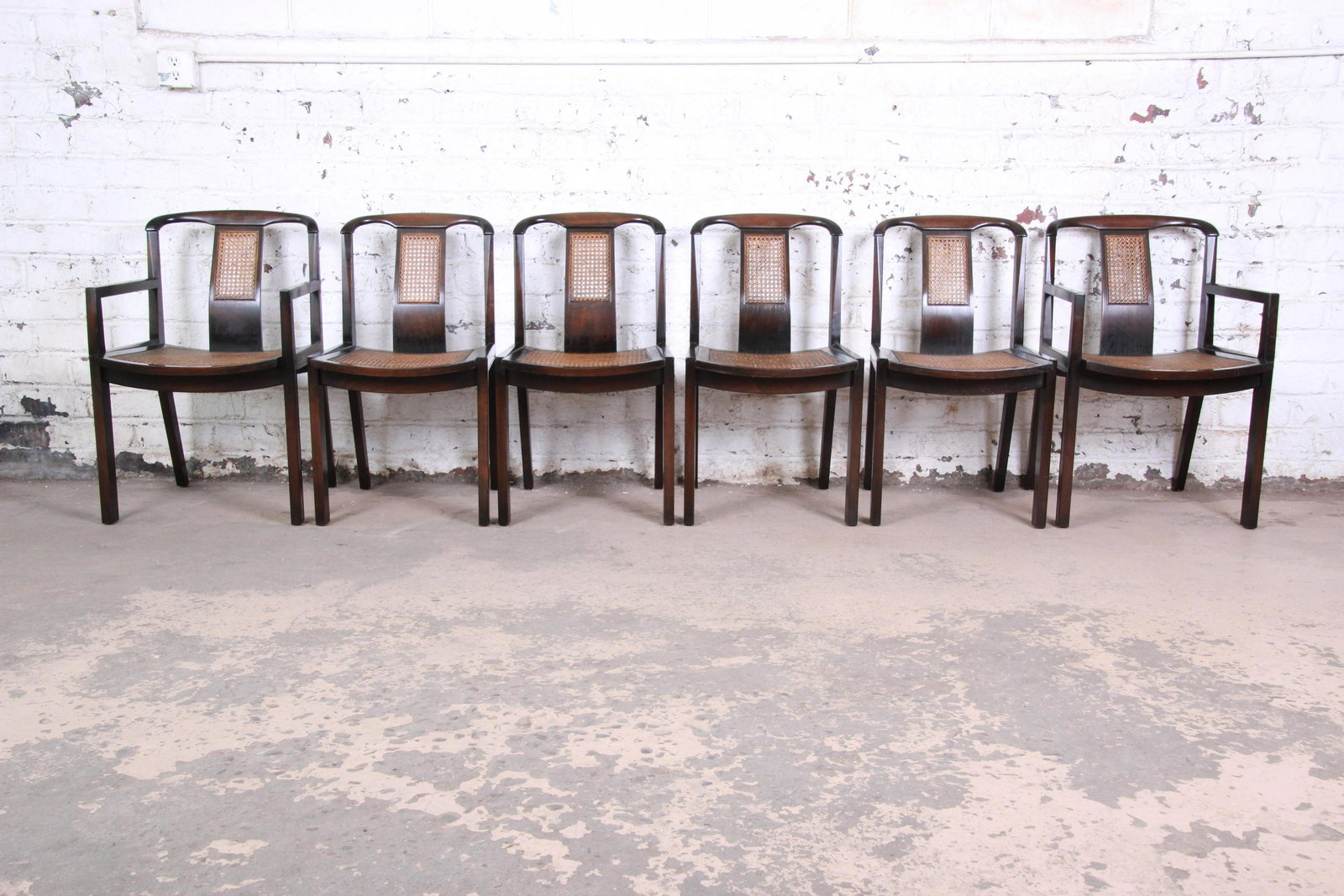 Michael Taylor for Baker Mid-Century Sculpted Walnut: Please see Disclaimer for shipping cost estimates. An outstanding set of six mid-century modern dining chairs designed by Michael Taylor for Baker Furniture. The set includes two captain armchairs and