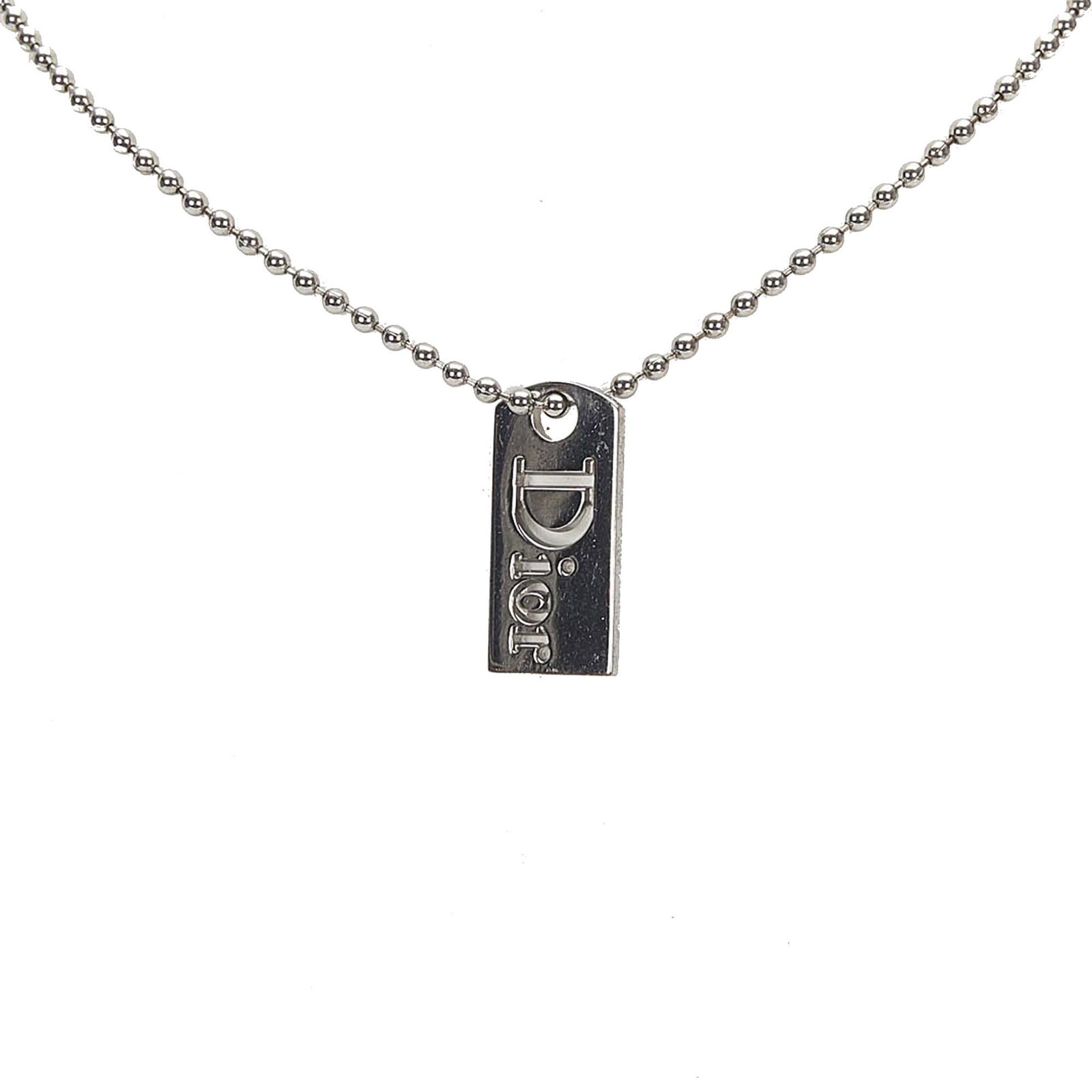 Authentic Dior Logo Plate Pendant Necklace: This item qualifies for FREE DOMESTIC SHIPPING to customers in the USA This necklace features an silver-tone and ball chain and a lobster claw closure. Brand: Dior Model: Logo Plate Pendant Necklace O