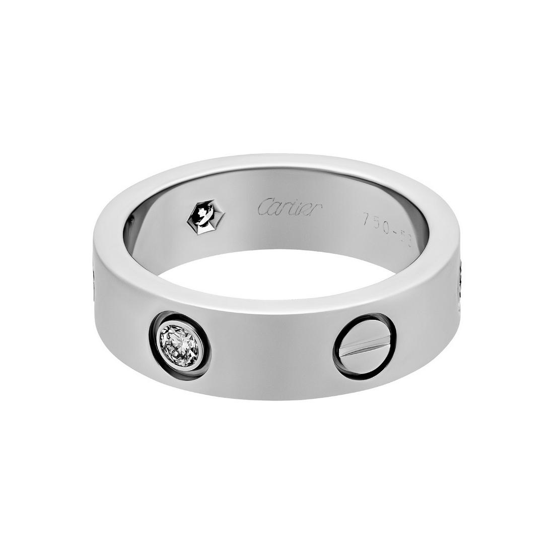 Cartier 18K White Gold 3 Diamond Love RingSerial# : I: This item qualifies for FREE DOMESTIC SHIPPING to customers in the USA Weight: Diamond Weight: Gemstone: Gemstone Weight: 1750 The BIDHAUS Guarantee: Photos descriptions and estimates were prepared wi