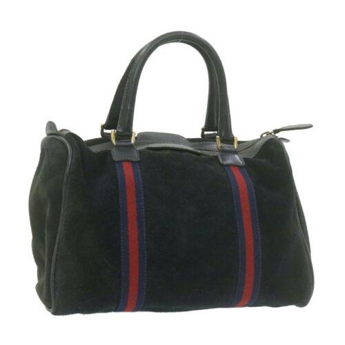 Authentic GUCCI Sherry Line Hand Bag Black Red Navy: This item qualifies for FREE DOMESTIC SHIPPING to customers in the USA Brand: GUCCI Size: W32 x H21 x D16cm(Approx) Color: Black Country/Region of Manufacture: Italy Material: Suede Type: Tote Bag Sty