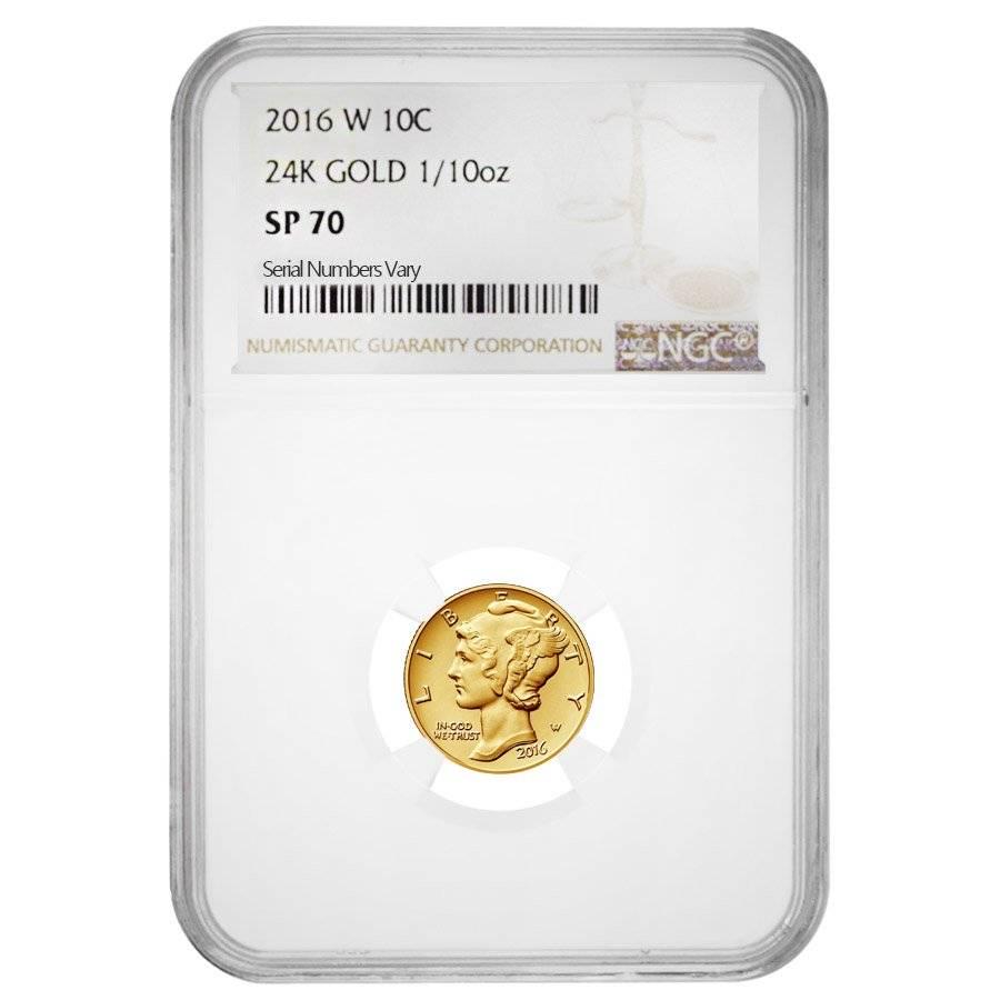 2016 W 1/10 oz Mercury Dime Centennial Gold Coin NGC SP: This item qualifies for FREE DOMESTIC SHIPPING to customers in the USA You are bidding on the total lot which includes 1 of the following item: 2016 W 1/10 oz Mercury Dime Centennial Gold Coin NGC SP