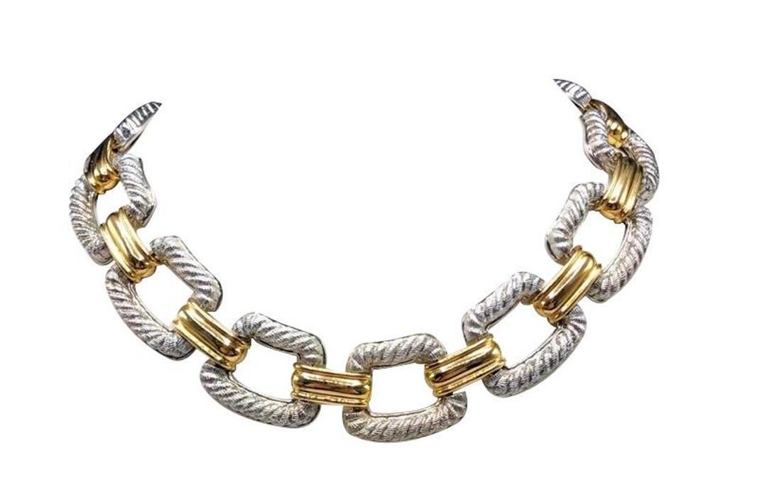 Authentic Givenchy Two Tone Necklace W/ Monogram Clasp: This item qualifies for FREE DOMESTIC SHIPPING to customers in the USA Brand: Givenchy Material: Silver tone Style: Necklace Color: Gold/Silver Clasp: Hook with bar Diameter(inch): 19 L Country of Ori