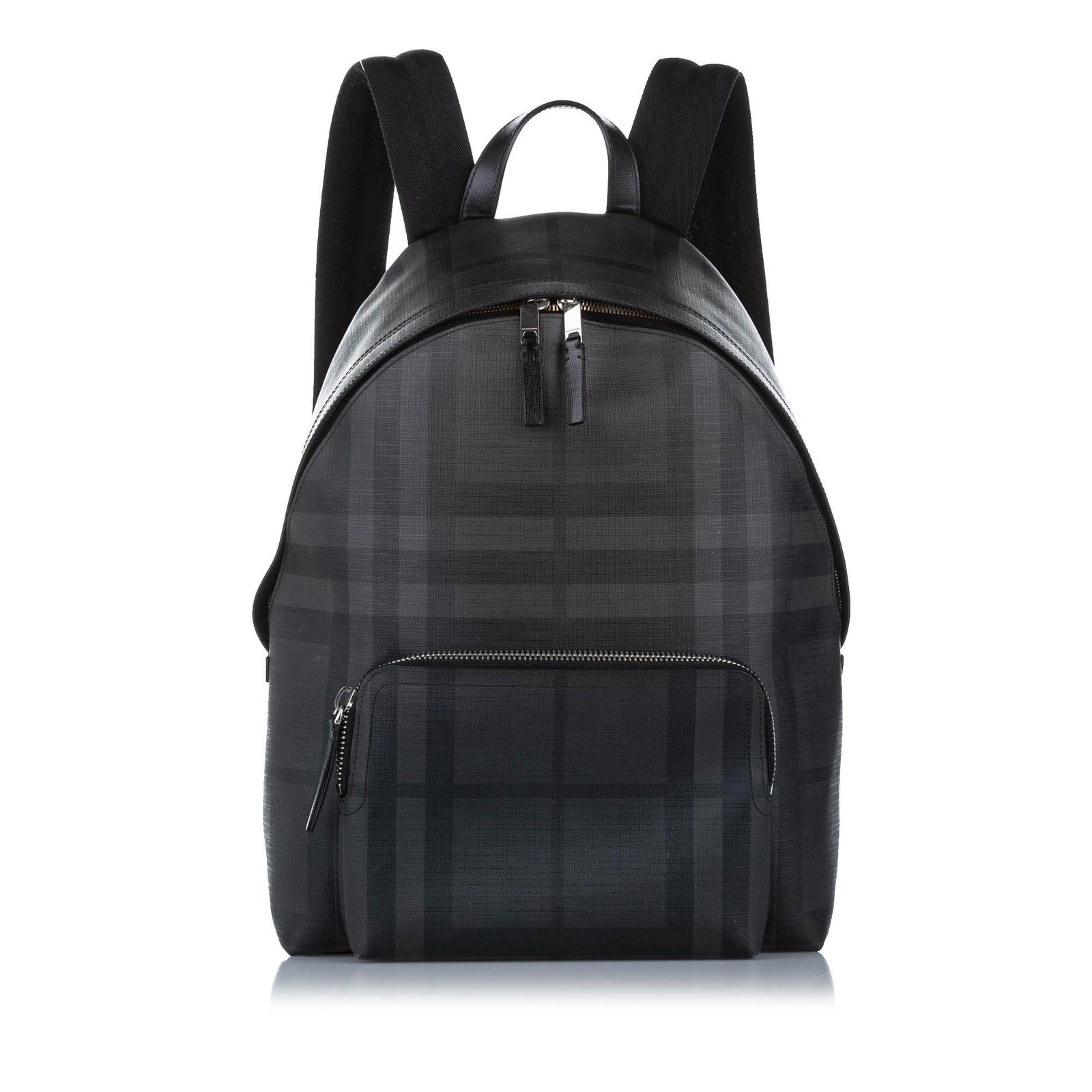 Authentic Burberry Tonal Check Abbeydale Backpack: This item qualifies for FREE DOMESTIC SHIPPING to customers in the USA The Abbeydale backpack features a coated canvas body with leather trim an exterior front zip pocket flat back straps a flat leath