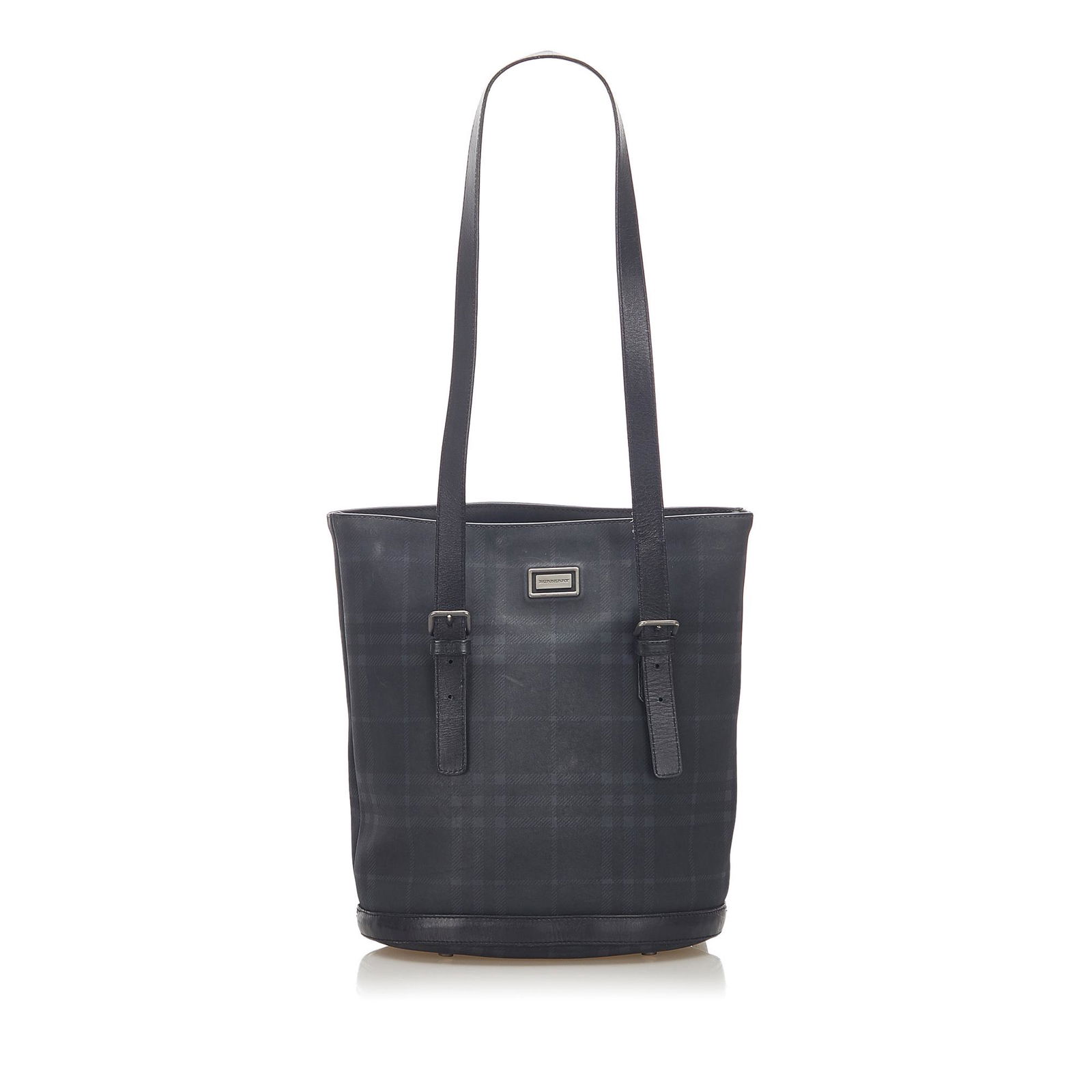 Authentic Burberry Tonal Check Tote Bag: This item qualifies for FREE DOMESTIC SHIPPING to customers in the USA This tote bag features a PVC body with leather trim flat leather handles a top zip closure and interior zip and slip pockets. Bra