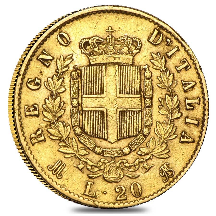 Italy Gold 20 Lire Vittorio Emanuele II Avg Circ: This item qualifies for FREE DOMESTIC SHIPPING to customers in the USA You are bidding on the total lot which includes 1 of the following item: Italy Gold 20 Lire Vittorio Emanuele II Avg Circ (Random