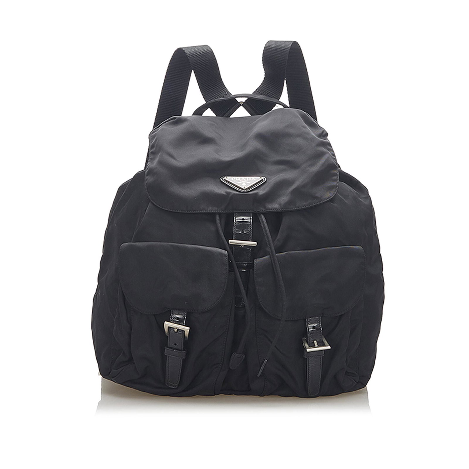 Authentic Prada Tessuto Drawstring Backpack: This item qualifies for FREE DOMESTIC SHIPPING to customers in the USA This backpack features a nylon body with leather trim front exterior flap pockets with leather buckle closure flat back straps a 