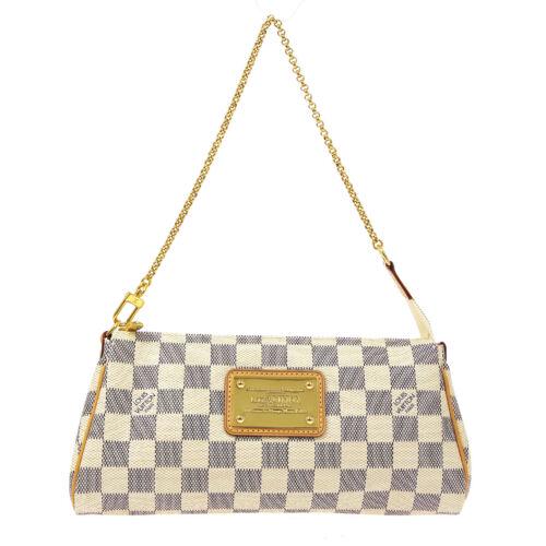 Authentic LOUIS VUITTON EVA 2WAY CHAIN HAND BAG POUCH: This item qualifies for FREE DOMESTIC SHIPPING to customers in the USA Size: Medium Features: Chain Strap Detachable Strap Accents: Logo Color: White Model: Damier Azur Year Manufactured: 2010-2019 Co