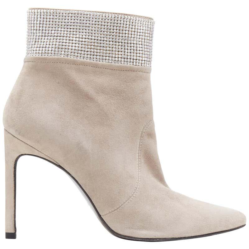 Authentic STUART WEITZMAN Highbeams grey fossil suede: This item qualifies for FREE DOMESTIC SHIPPING to customers in the USA STUART WEITZMAN Highbeams grey fossil suede crystal embellished bootie EU38.5 Brand: Stuart Weitzman Model Name / Style: Highbeam