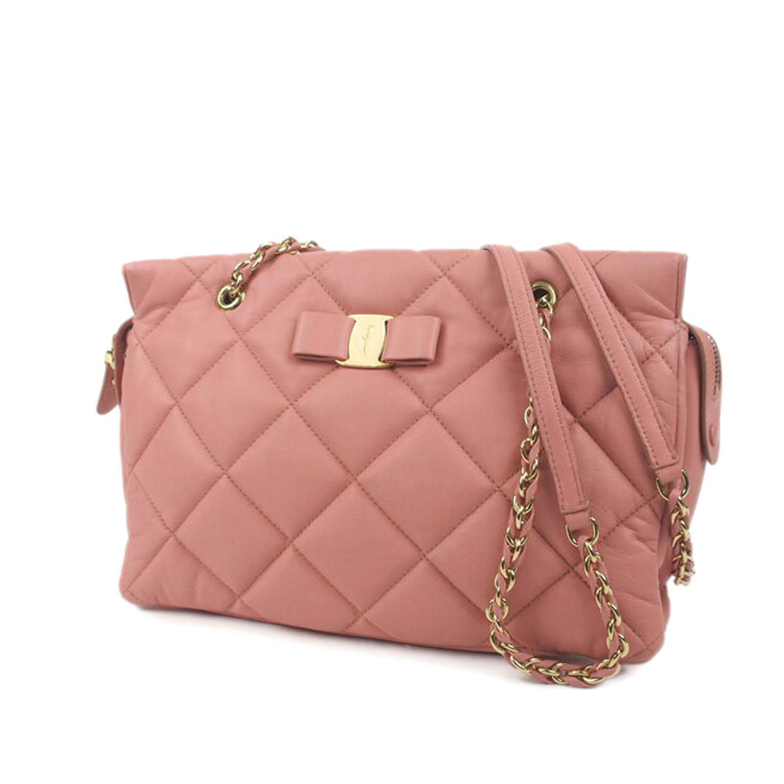 Authentic Ferragamo Vara Quilted Leather Shoulder Bag: This item qualifies for FREE DOMESTIC SHIPPING to customers in the USA The Vara shoulder bag features a quilted leather body leather woven chain straps a top zip closure and an interior zip pocket. Br