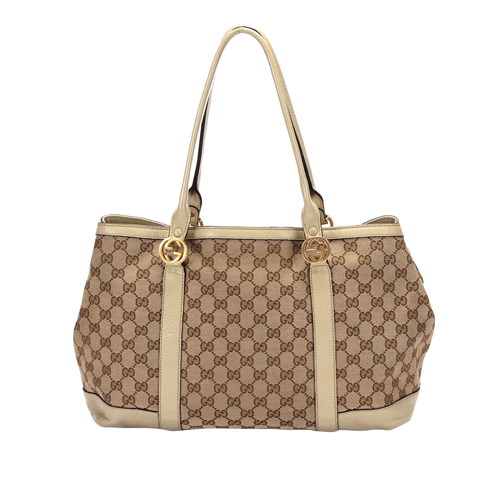 Authentic Gucci GG Canvas Miss GG Tote Bag: This item qualifies for FREE DOMESTIC SHIPPING to customers in the USA The Miss GG tote bag features a canvas body with leather trim rolled leather straps and an open top. Brand: Gucci Model: GG Canva