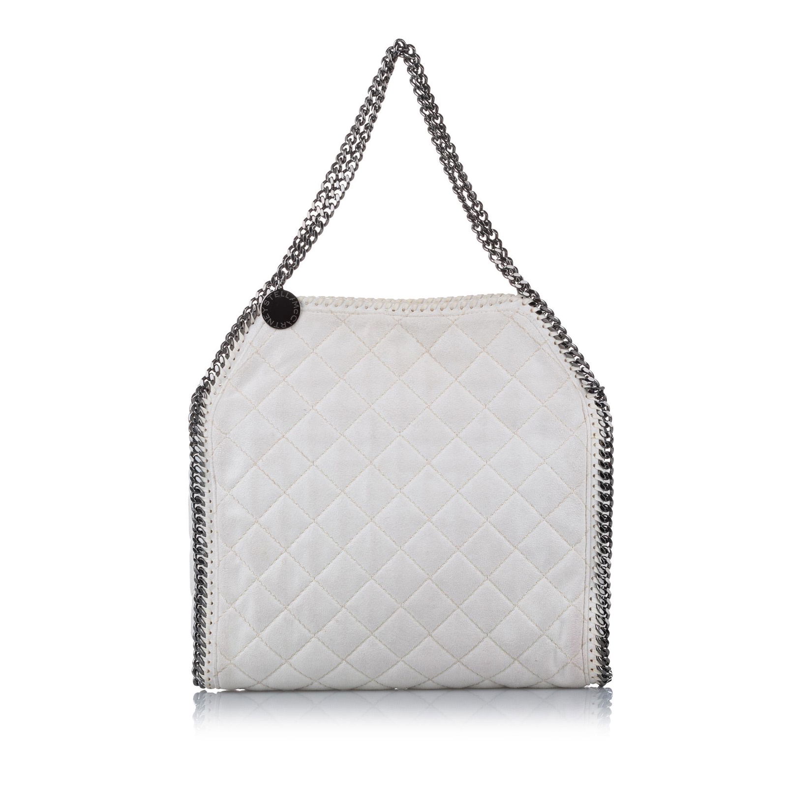 Authentic Stella McCartney Falabella Fold-Over Tote Bag: This item qualifies for FREE DOMESTIC SHIPPING to customers in the USA The Falabella tote bag features a fabric body silver-tone chain straps a top magnetic snap button closure and an interior zip poc