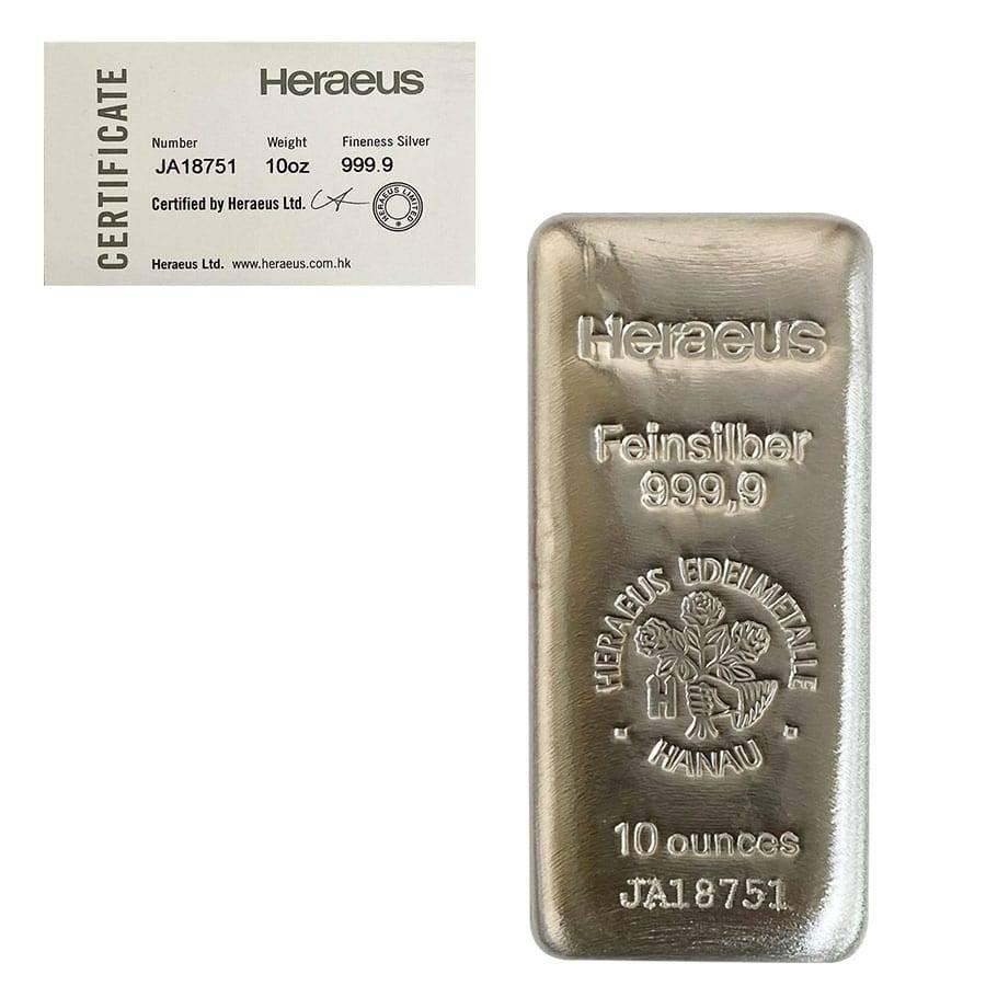 10 oz Heraeus Silver Bar .9999 Fine (w/COA): This item qualifies for FREE DOMESTIC SHIPPING to customers in the USA You are bidding on the total lot which includes 1 of the following item: 10 oz Heraeus Silver Bar .9999 Fine (w/COA) This 10 oz H