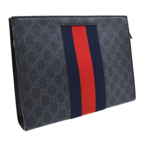 Authentic GUCCI Sherry Line GG Pattern Clutch Hand Bag: This item qualifies for FREE DOMESTIC SHIPPING to customers in the USA Size: Medium Features: Inner Pockets Accents: Logo Color: Gray Navy Red Country/Region of Manufacture: Italy MPN: Does Not Apply